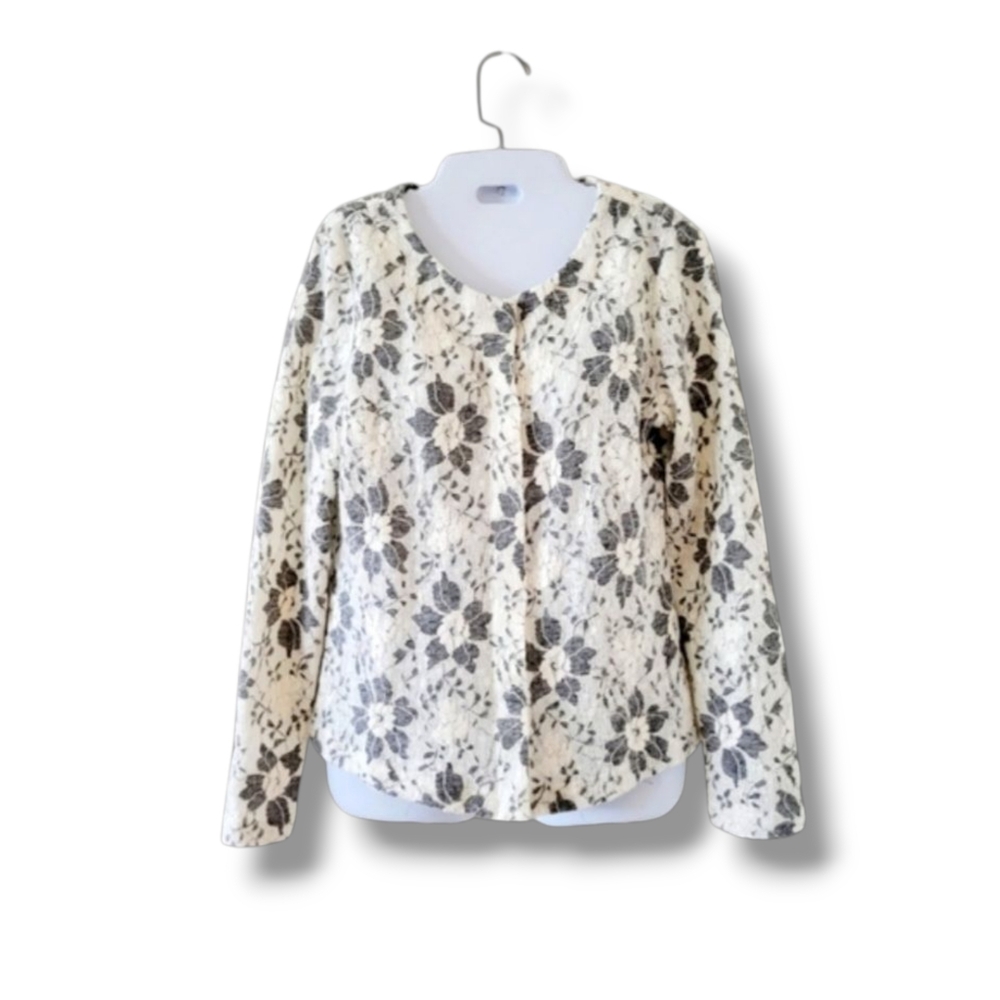 Yest | Pretty Ivory/Black Floral Lacy Overlay Lightweight Knit Jacket (SIZE 6)